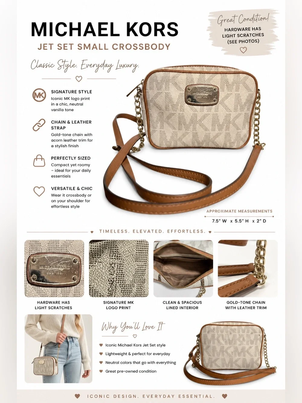 Michael Kors Jet Set Small Crossbody Bag in a vanilla and acorn color trim strap